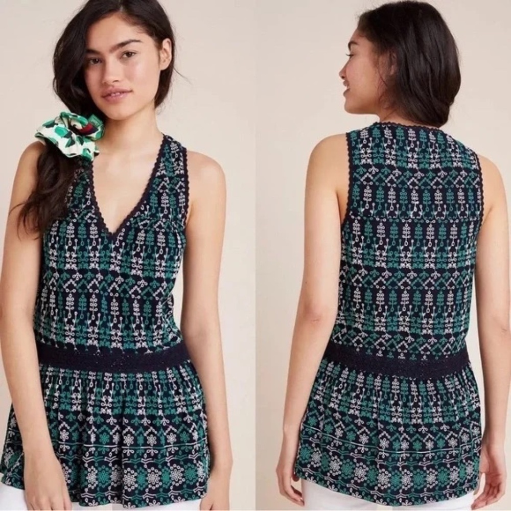 Anthropologie MAEVE Cammie XS Navy Blue Embroidered PEPLIM Tank Top Eyelet Flutt